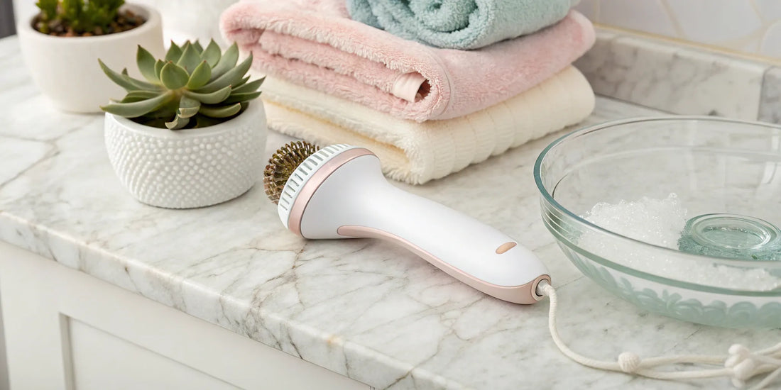 A rotating facial brush for a deep clean, set on a bathroom counter.