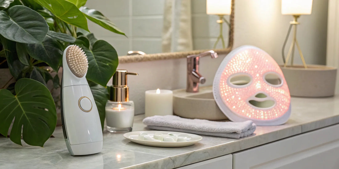 Best anti-aging skincare devices including an LED therapy mask and a sonic facial brush.