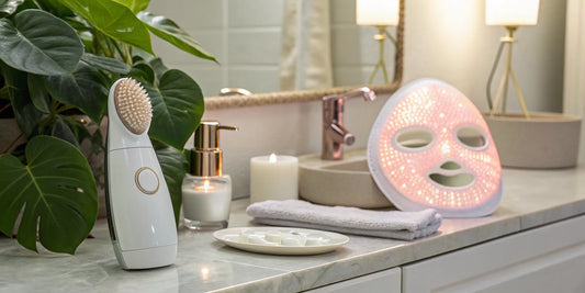 Best anti-aging skincare devices including an LED therapy mask and a sonic facial brush.