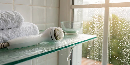 Waterproof facial cleansing brush for shower use on a wet shelf.