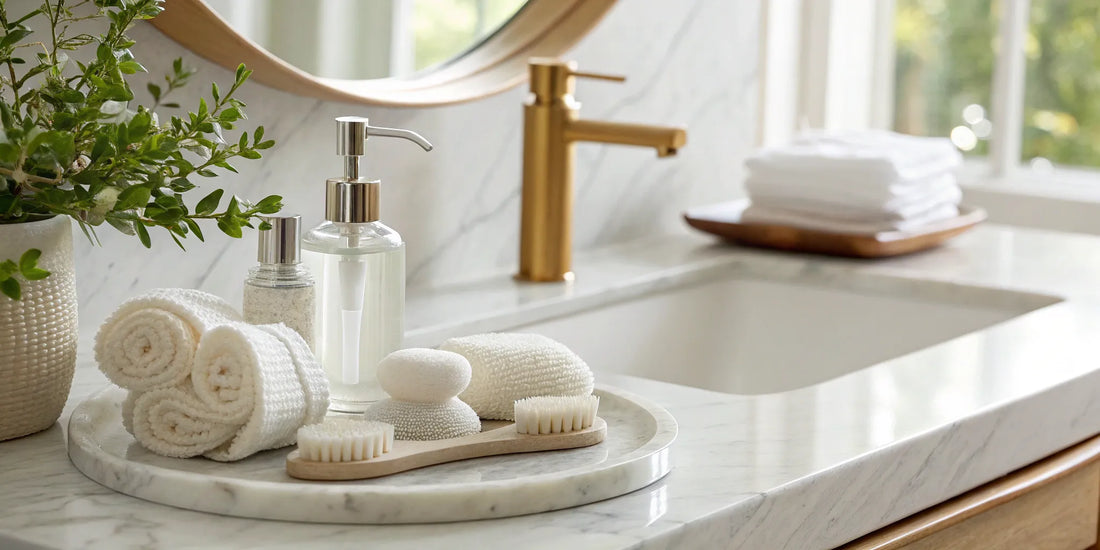 Daily facial cleanser and brush bundle on a bathroom counter.