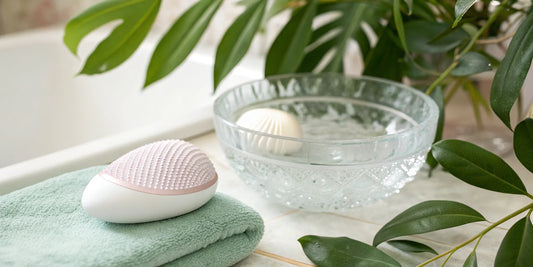 A facial cleansing device that targets breakouts, shown on a towel.