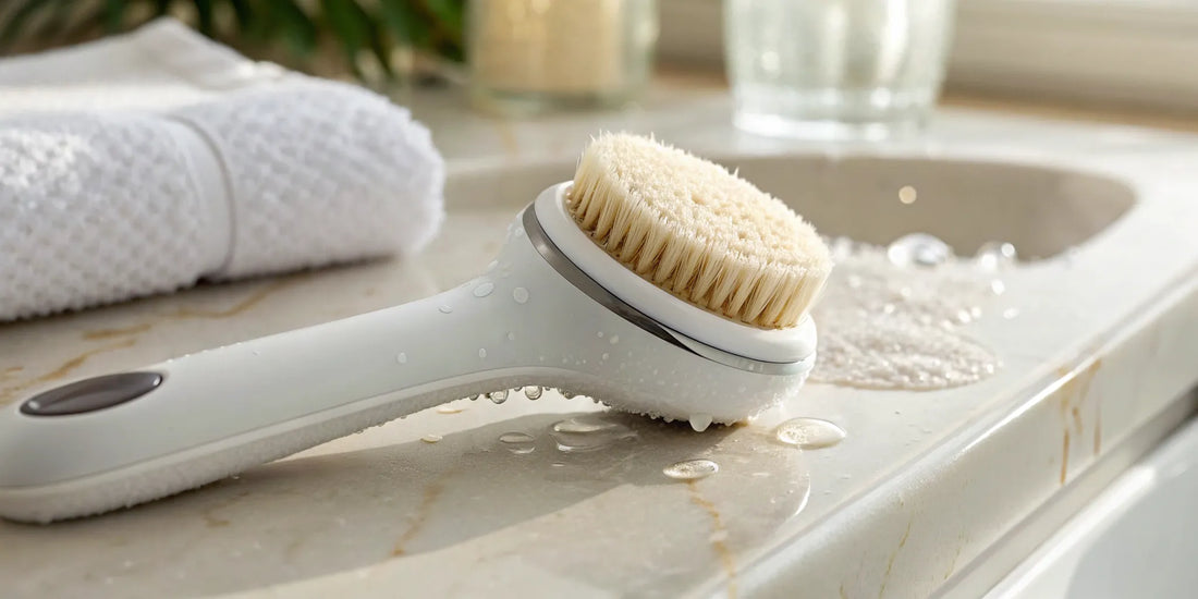 A 360° rotating facial cleansing device with a soft brush head.