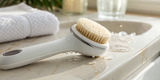 A 360° rotating facial cleansing device with a soft brush head.