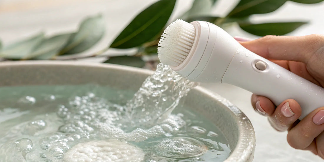 An affordable facial cleansing brush device being rinsed under water in India.
