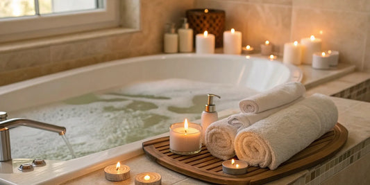 A relaxing at-home spa setting for a facial cleansing tool routine.