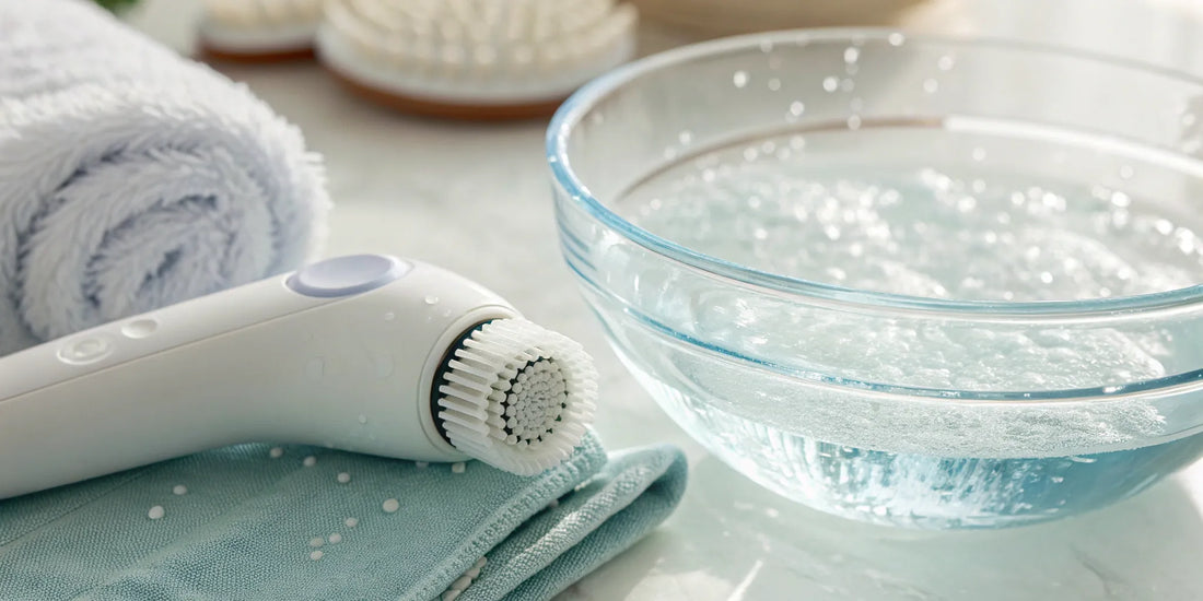 Best facial cleansing brush system with a bristle head on a bathroom counter.