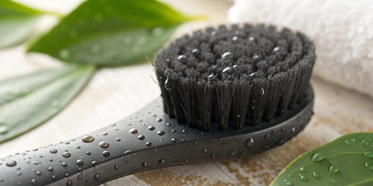 Charcoal facial brush head replacement for a cleansing device, with water droplets.