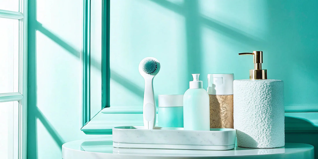 Choosing the right skincare device from a selection of tools on a bathroom counter.