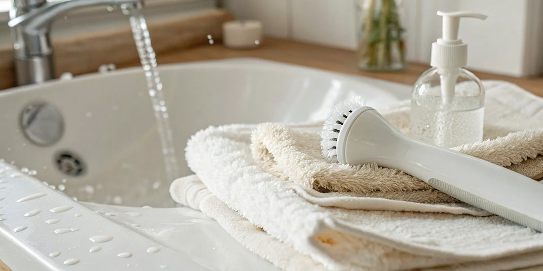 A facial cleansing brush being cleaned with soap under running water in a sink.