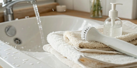 A facial cleansing brush being cleaned with soap under running water in a sink.