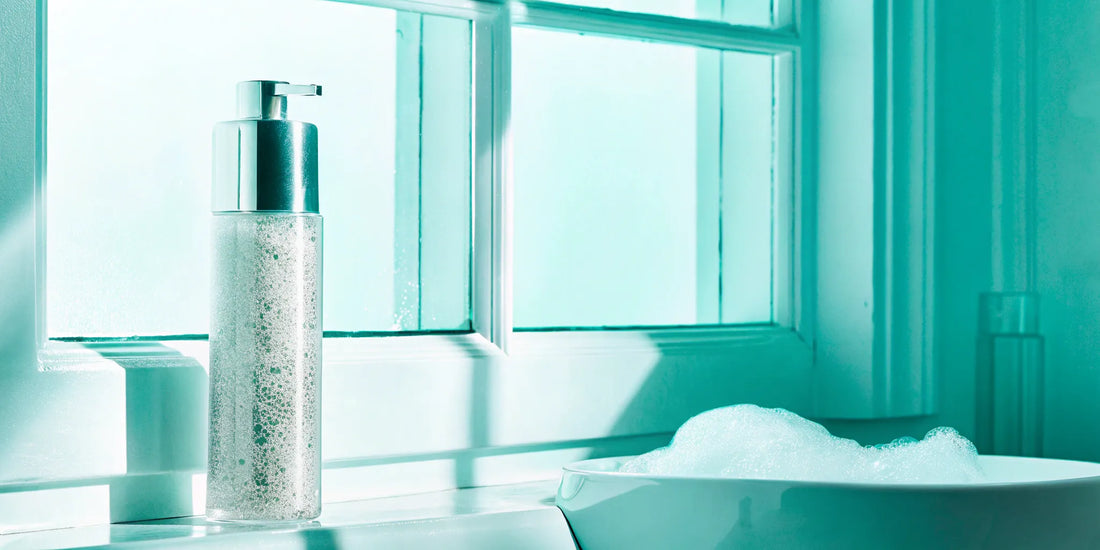 A bottle of foaming face wash creating a rich lather in a bowl.