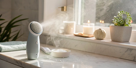 An at-home facial cleansing system steaming on a bathroom counter.