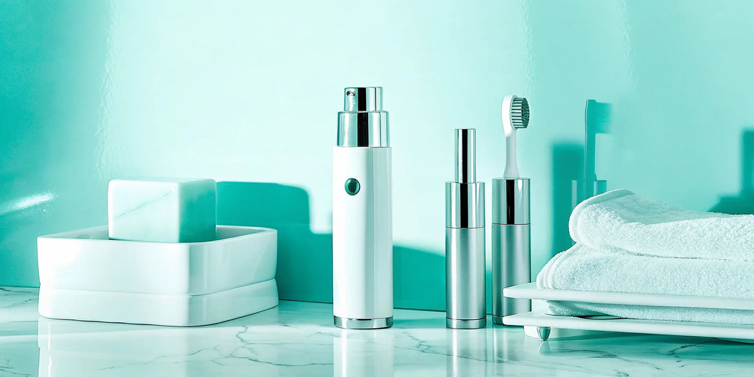 A modern at-home skincare device on a bathroom counter.
