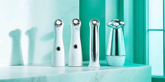 A collection of skincare devices for acne treatment, including LED, high-frequency, and cleansing tools.