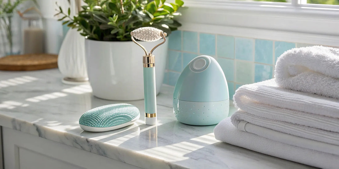 A beginner's collection of affordable skincare devices on a bathroom counter.