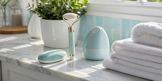 A beginner's collection of affordable skincare devices on a bathroom counter.