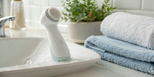 An electric facial cleansing brush with soft bristles used for a deep facial clean.