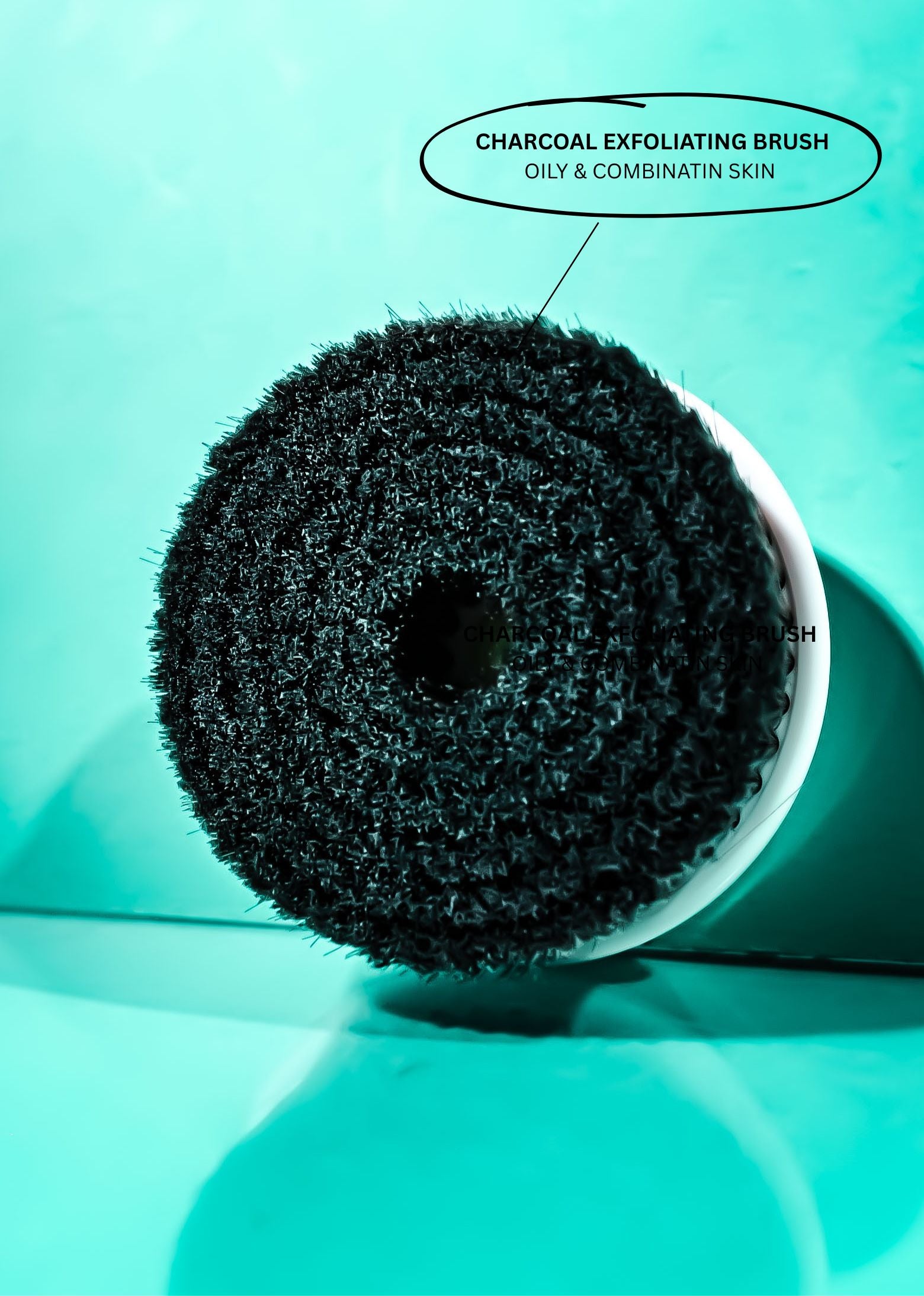 Charcoal exfoliating brush on a teal background with text indicating use for oily and combinant skin.